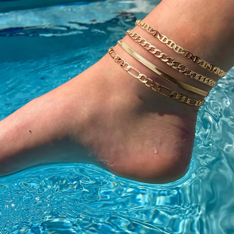 Rotnso Anklets for Women 14K Gold Silver Plated Ankle Bracelets Trendy Waterproof Boho Anklets Set Adjustable Dainty Cute Diamond Beaded Heart Non Tarnish Summer Beach Jewelry Gift - Image 5